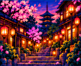 Luna Loop artwork of a lantern-lit street in Kyoto.